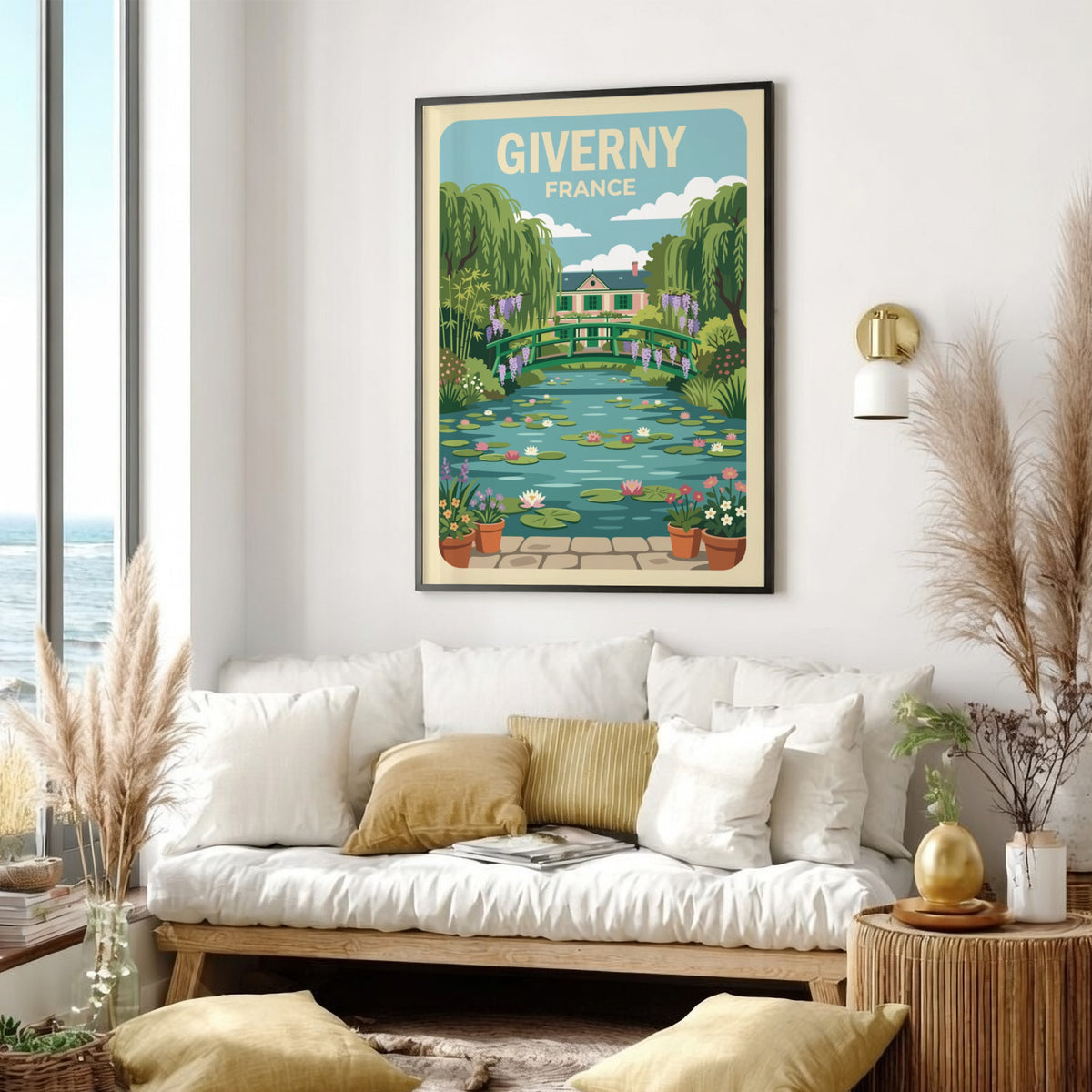 Poster of Giverny France featuring a wooden bridge over a lily pond landscape