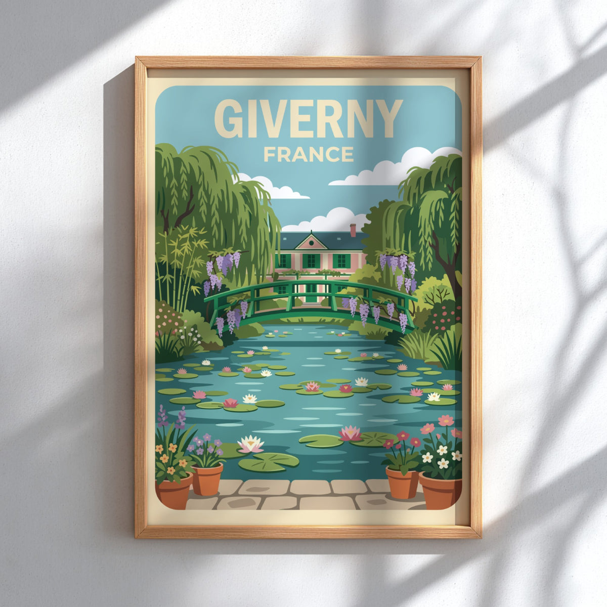 Poster of Giverny France featuring a wooden bridge over a lily pond landscape