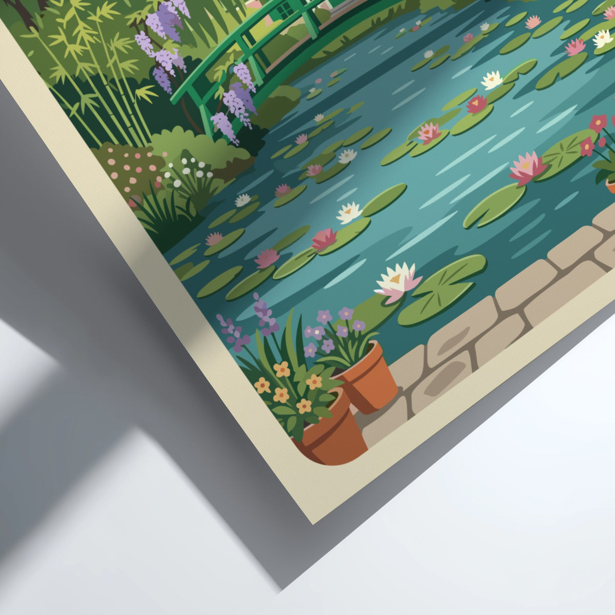 Poster of Giverny France featuring a wooden bridge over a lily pond landscape