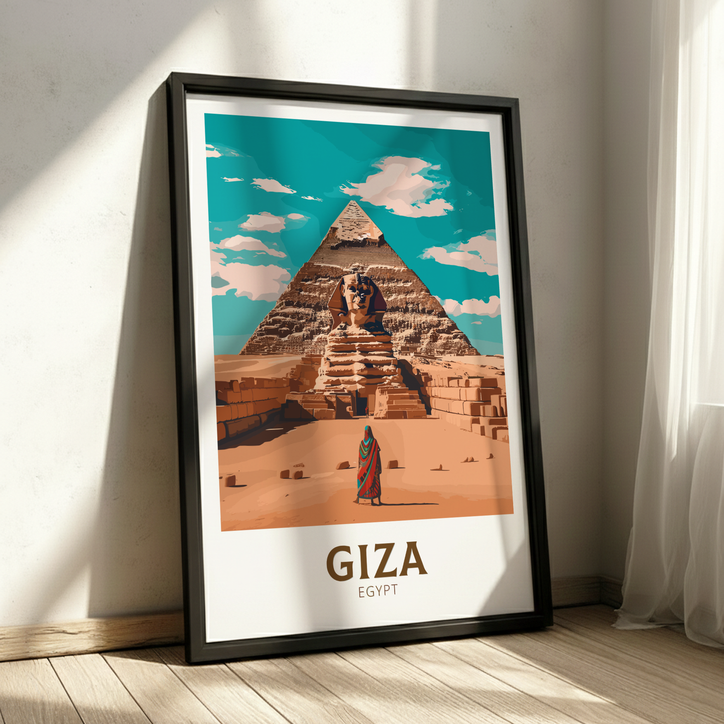 Framed poster of the Great Pyramid of Giza with a person in front, set against a blue sky.