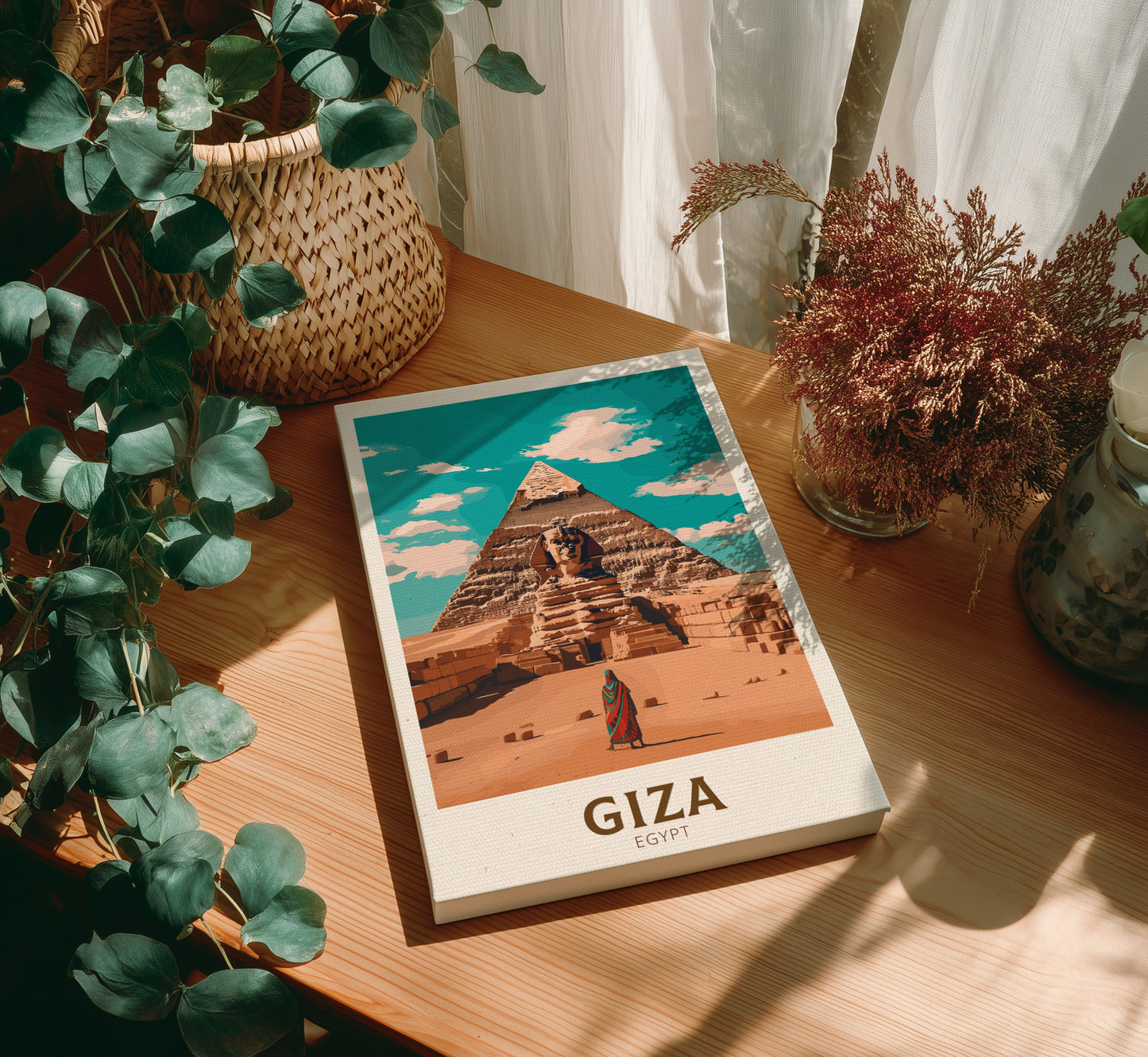Book titled 'Giza Egypt' on a wooden table with plants