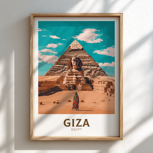 Framed poster of the Pyramids of Giza with a person in front, set against a blue sky.