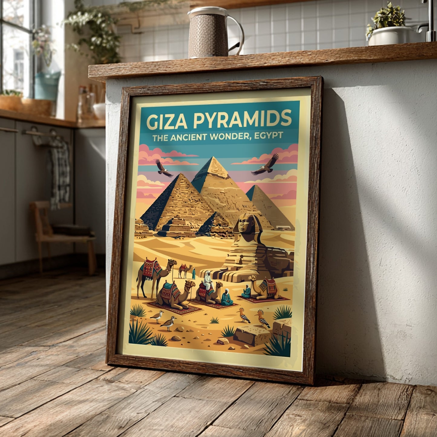Travel poster featuring Giza Pyramids and Sphinx in warm desert colours and vintage style