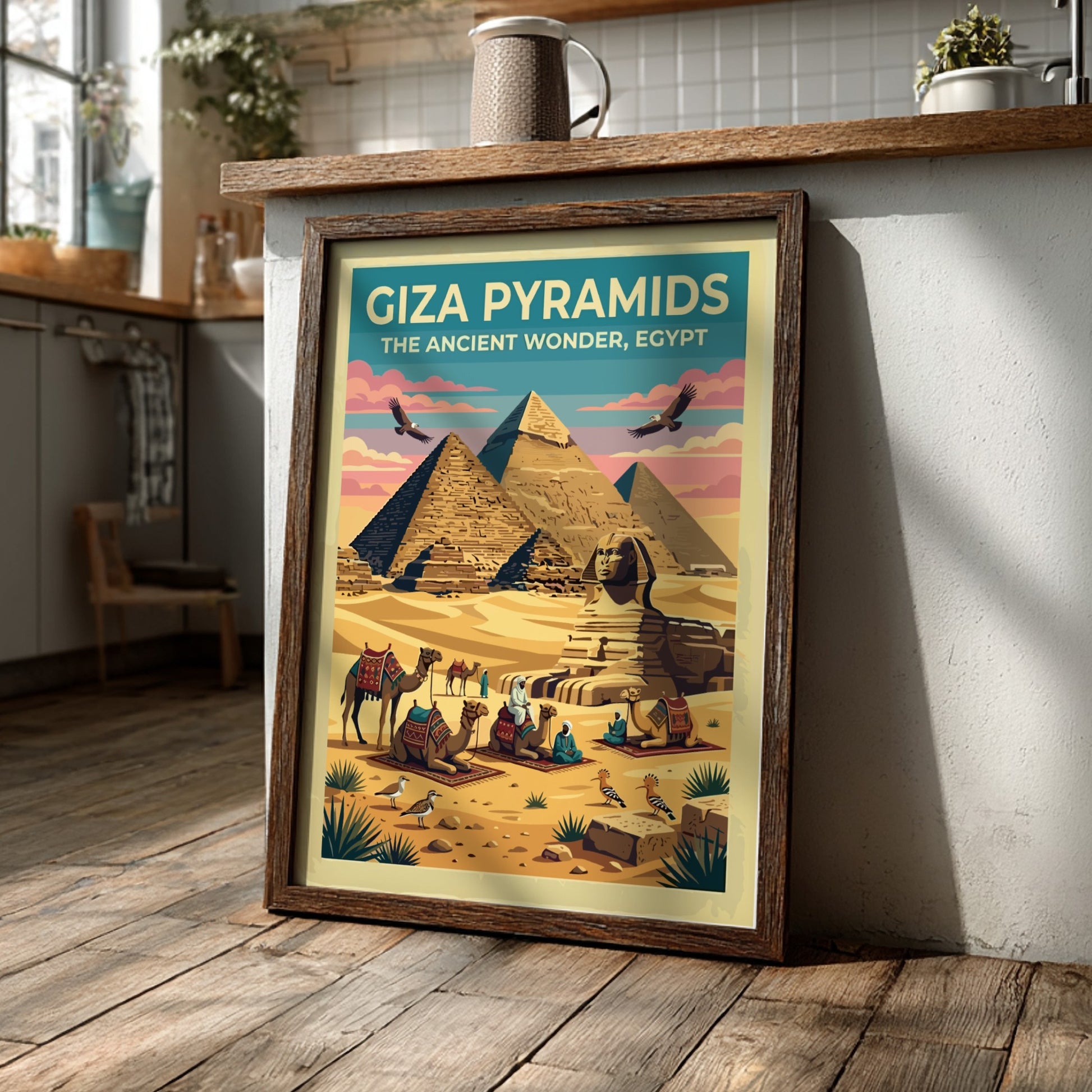 Travel poster featuring Giza Pyramids and Sphinx in warm desert colours and vintage style