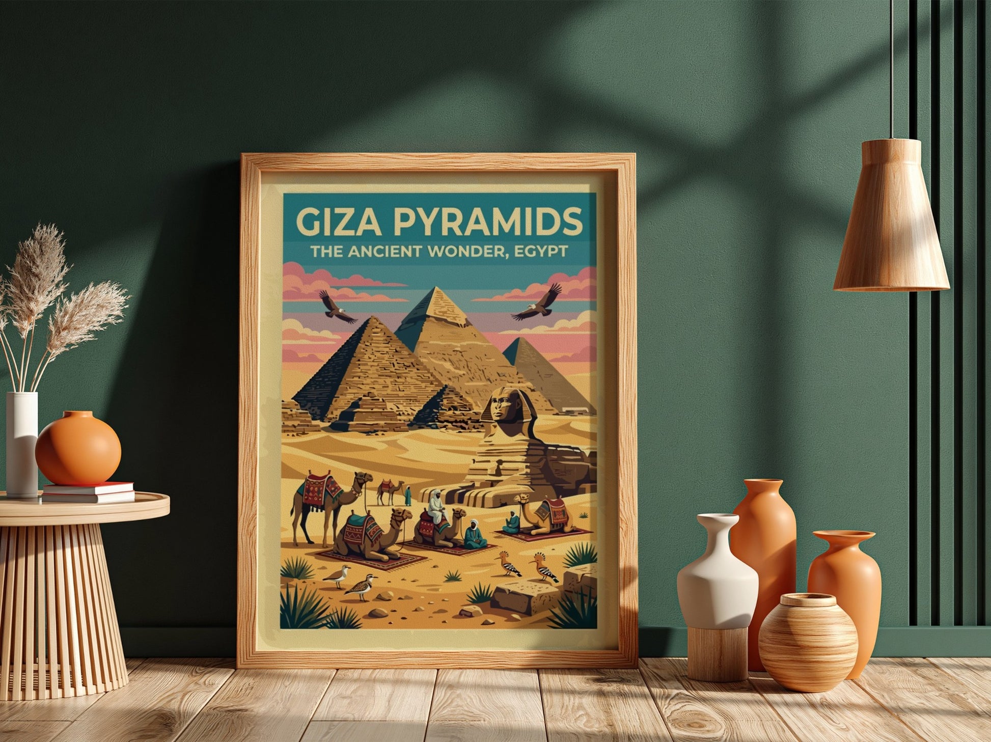 Travel poster featuring Giza Pyramids and Sphinx in warm desert colours and vintage style