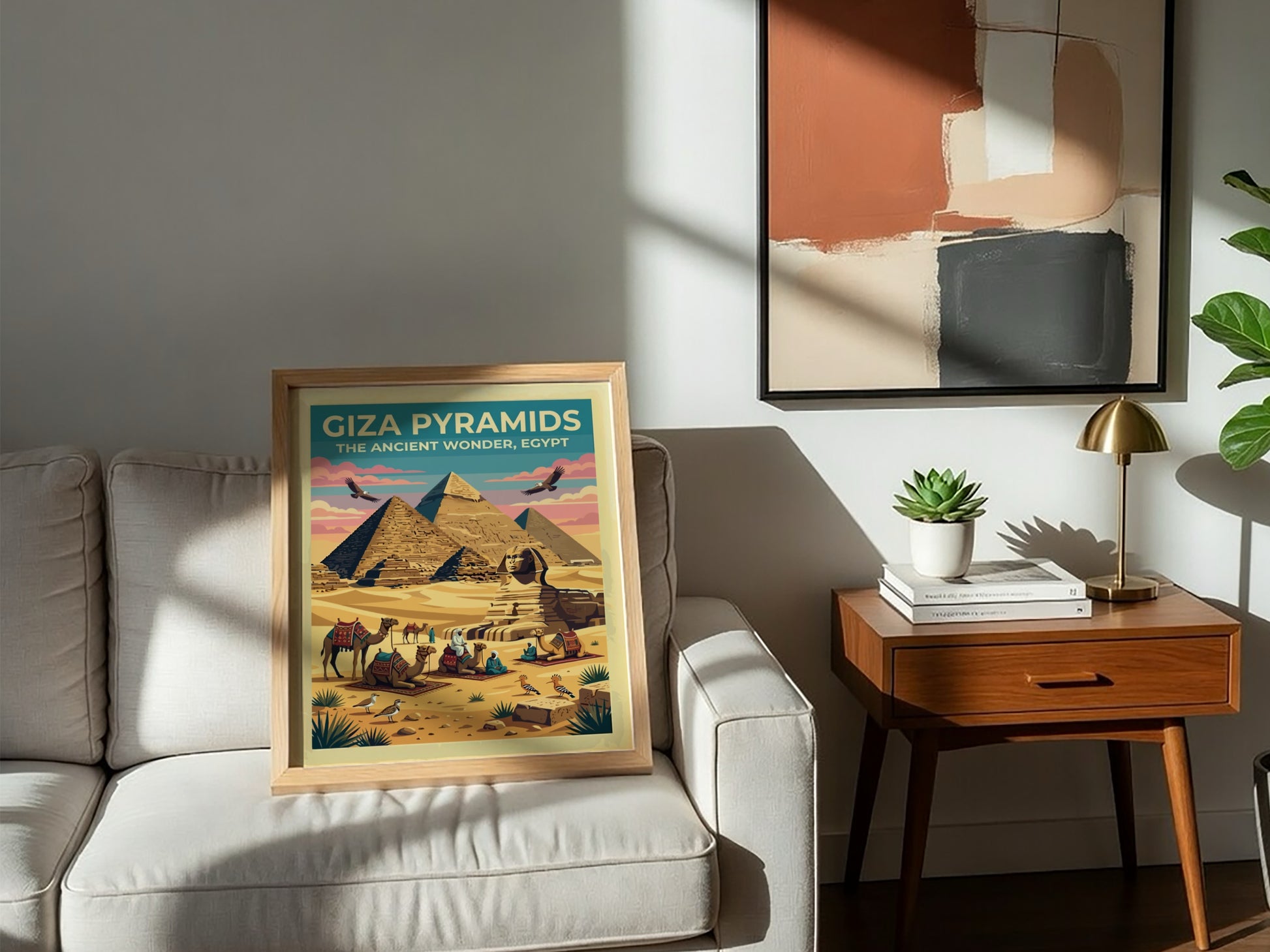 Travel poster featuring Giza Pyramids and Sphinx in warm desert colours and vintage style