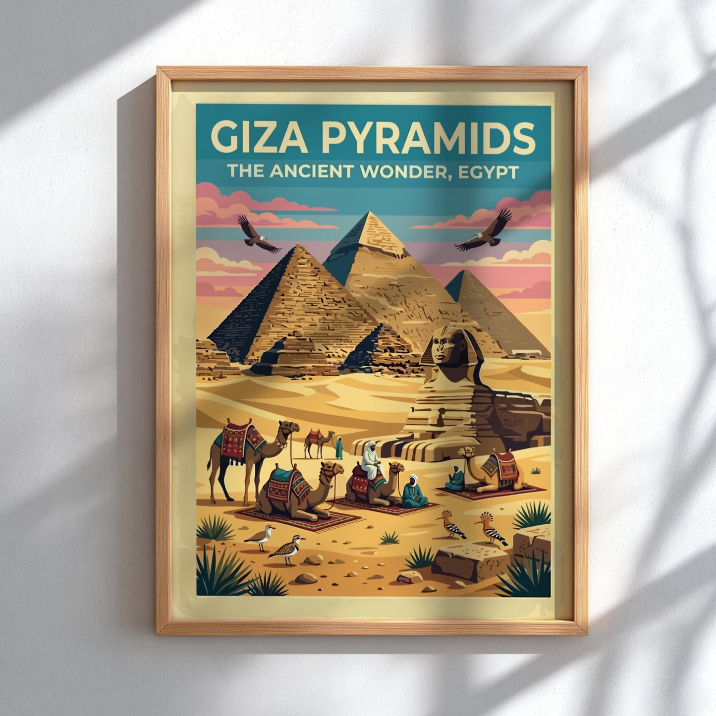 Travel poster featuring Giza Pyramids and Sphinx in warm desert colours and vintage style