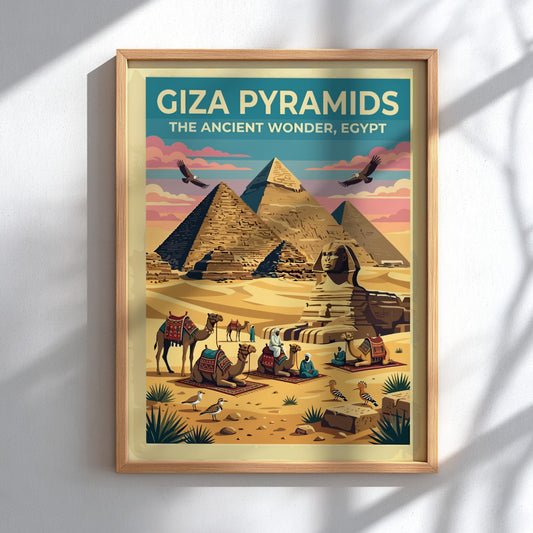 Travel poster featuring Giza Pyramids and Sphinx in warm desert colours and vintage style