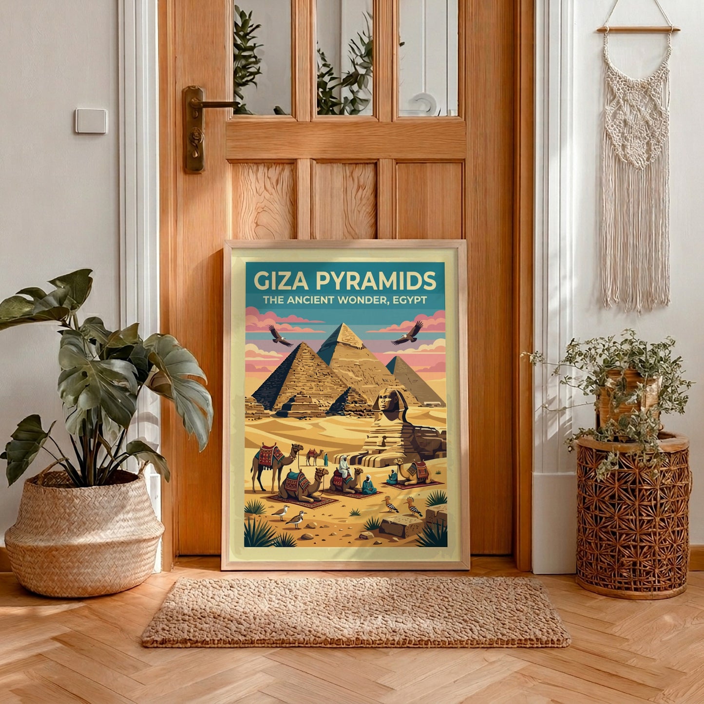 Travel poster featuring Giza Pyramids and Sphinx in warm desert colours and vintage style