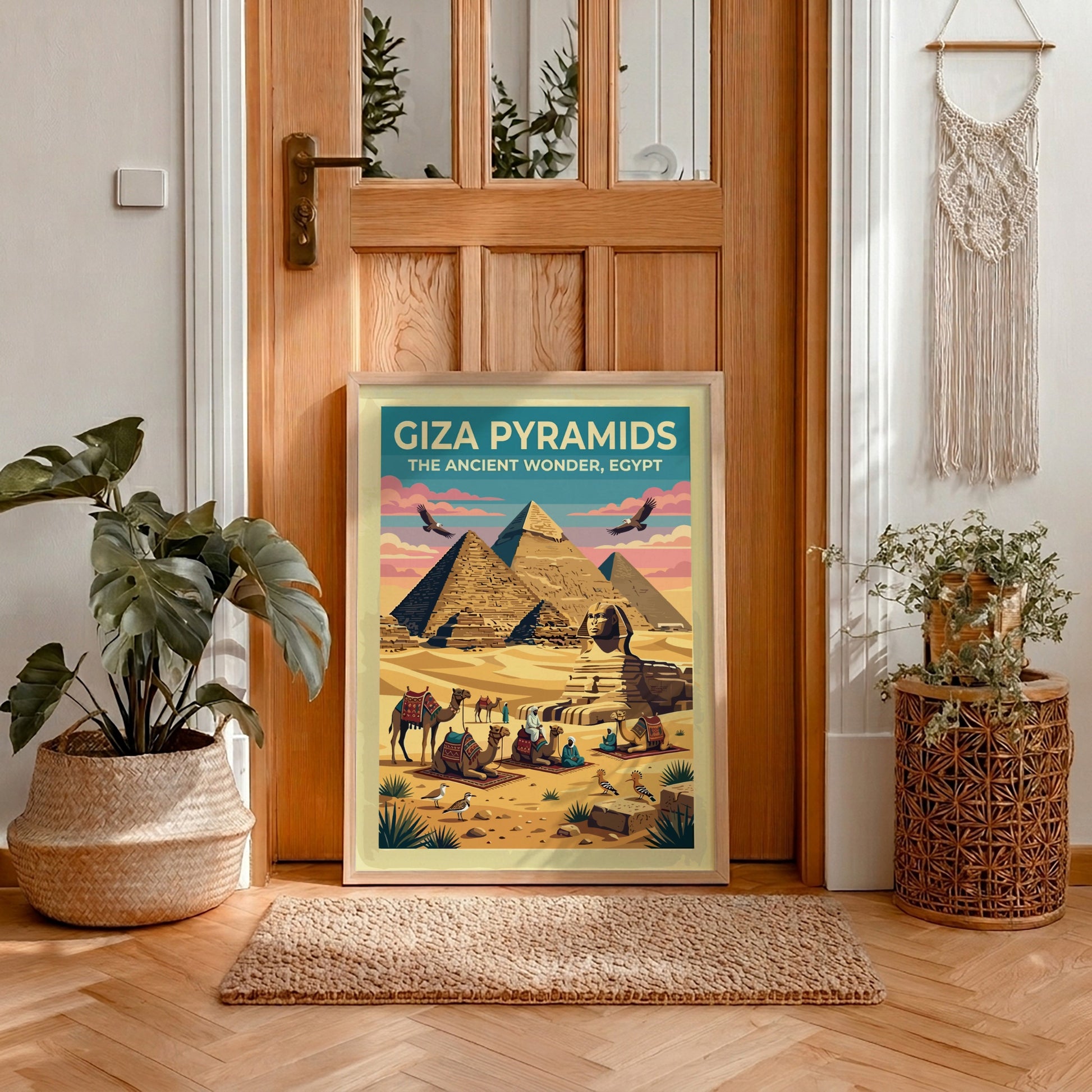 Travel poster featuring Giza Pyramids and Sphinx in warm desert colours and vintage style