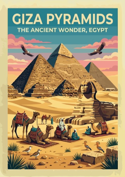 Travel poster featuring Giza Pyramids and Sphinx in warm desert colours and vintage style