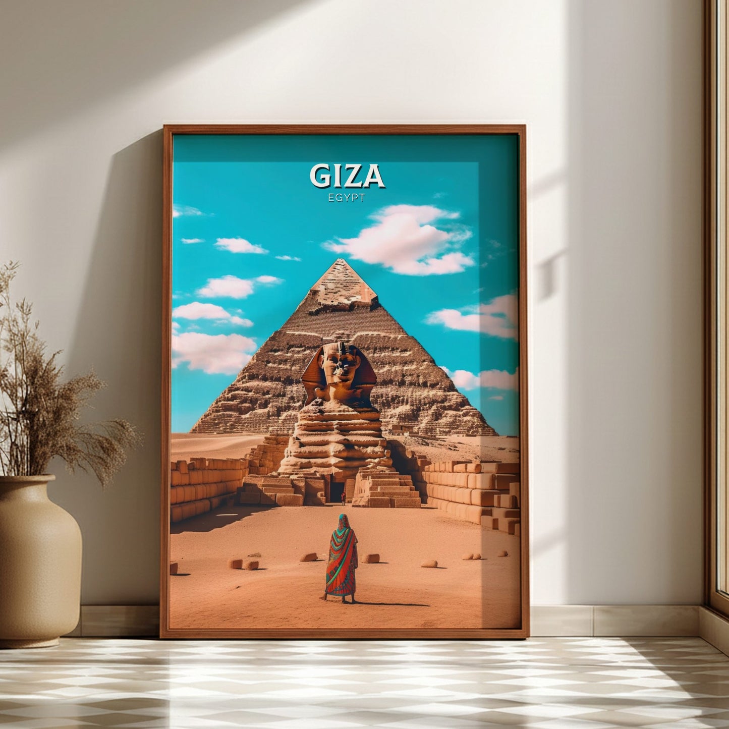 Framed poster of the Sphinx and Pyramid of Giza with 'Giza, Egypt' text on a blue sky background.