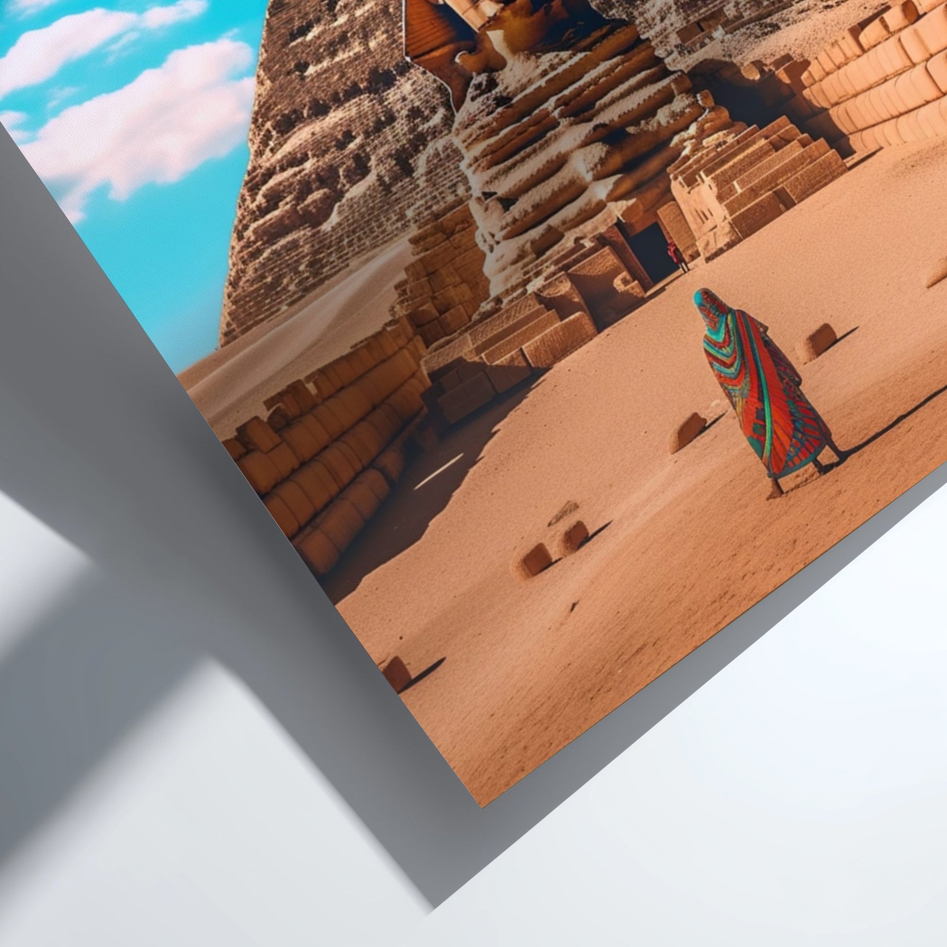 Person in colorful clothing walking towards a large stone structure under a blue sky with clouds.