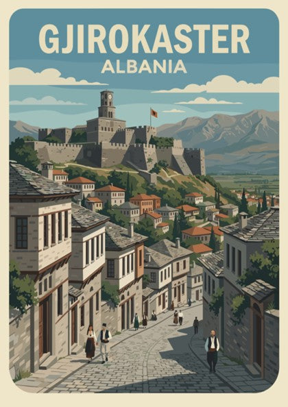 Poster of Gjirokaster Albania featuring a historic stone castle overlooking traditional houses and mountains.