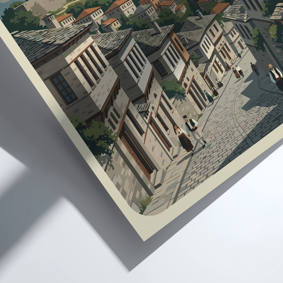 Poster of Gjirokaster Albania featuring a historic stone castle overlooking traditional houses and mountains.