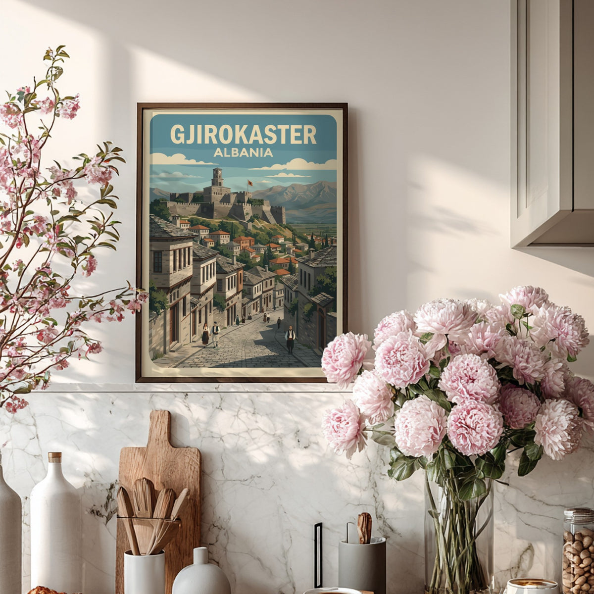 Poster of Gjirokaster Albania featuring a historic stone castle overlooking traditional houses and mountains.