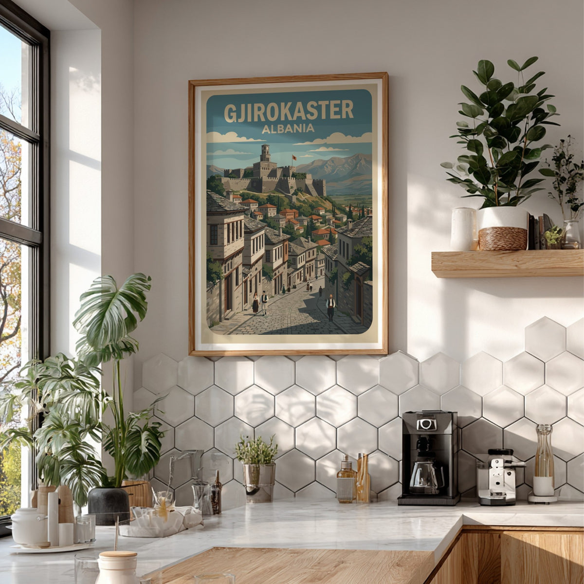 Poster of Gjirokaster Albania featuring a historic stone castle overlooking traditional houses and mountains.