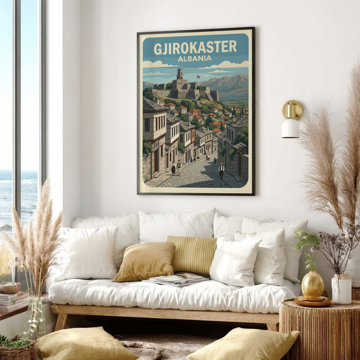 Poster of Gjirokaster Albania featuring a historic stone castle overlooking traditional houses and mountains.
