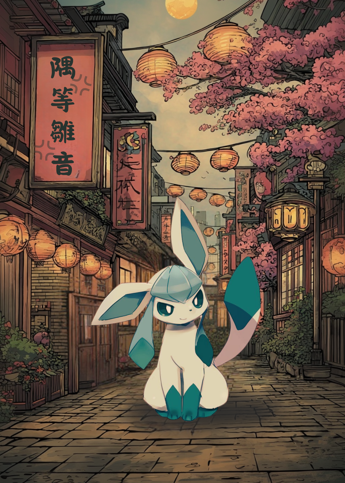 Glaceon Pokemon character in a traditional Japanese street setting with cherry blossoms and lanterns.