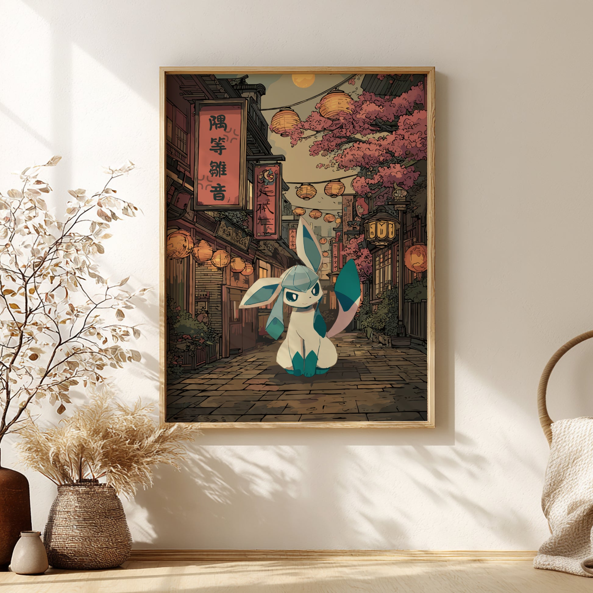 Framed artwork of a stylized Glaceon Pokemon character in a traditional Japanese street setting on a wall.