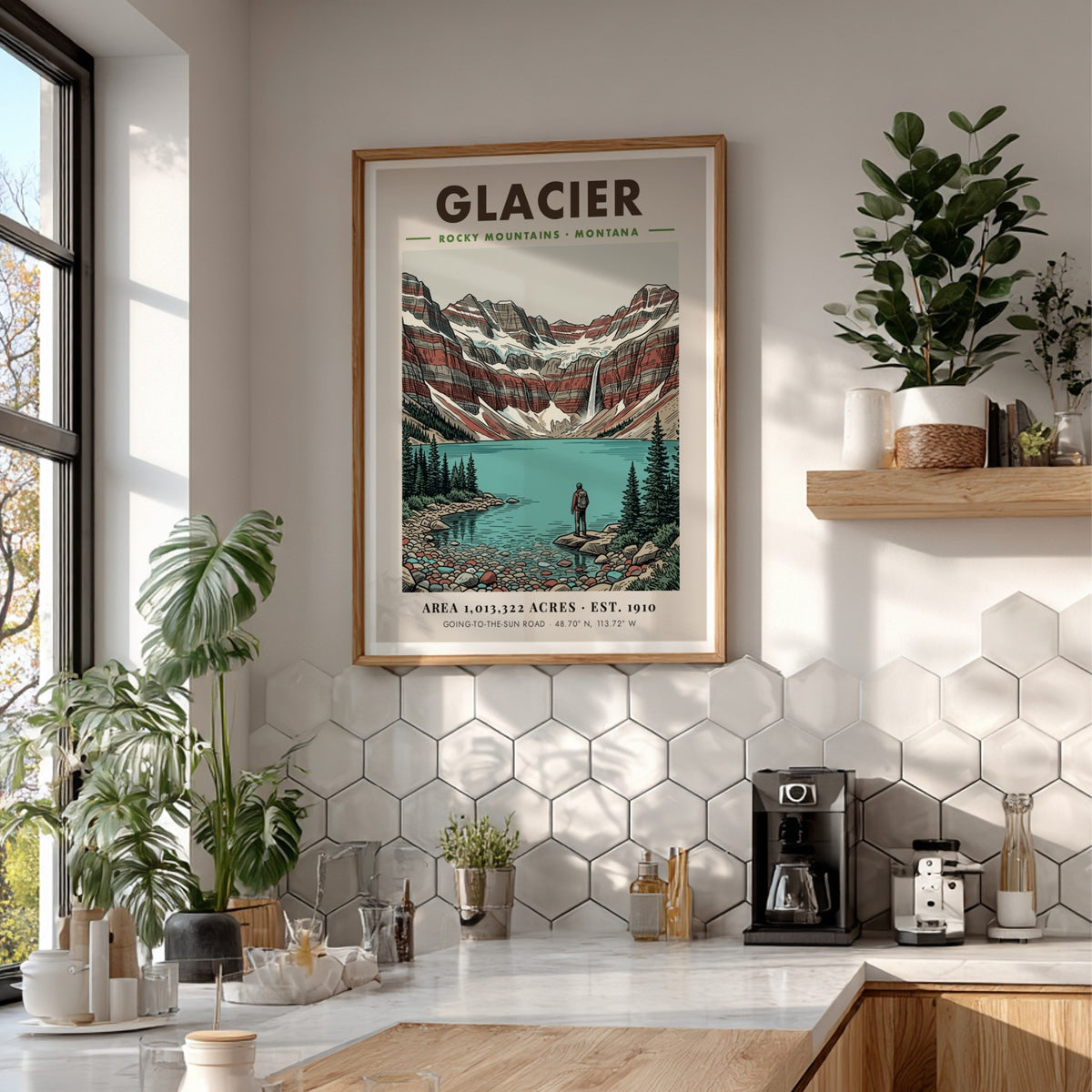 Poster featuring a hiker looking at a turquoise lake and mountain range, Glacier.