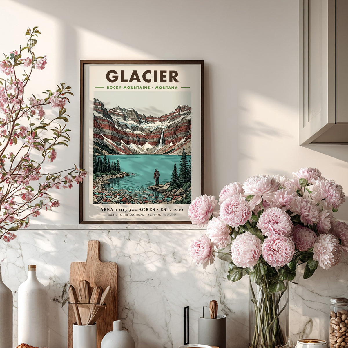 Poster featuring a hiker looking at a turquoise lake and mountain range, Glacier.