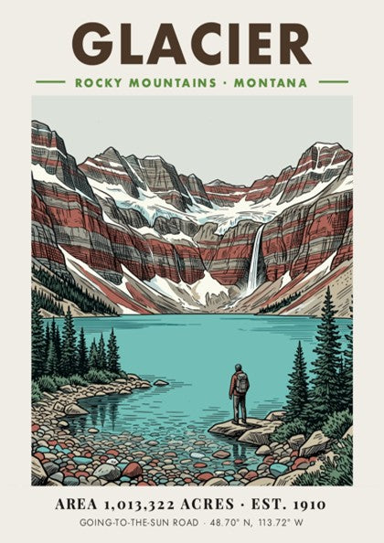 Poster featuring a hiker looking at a turquoise lake and mountain range, Glacier.