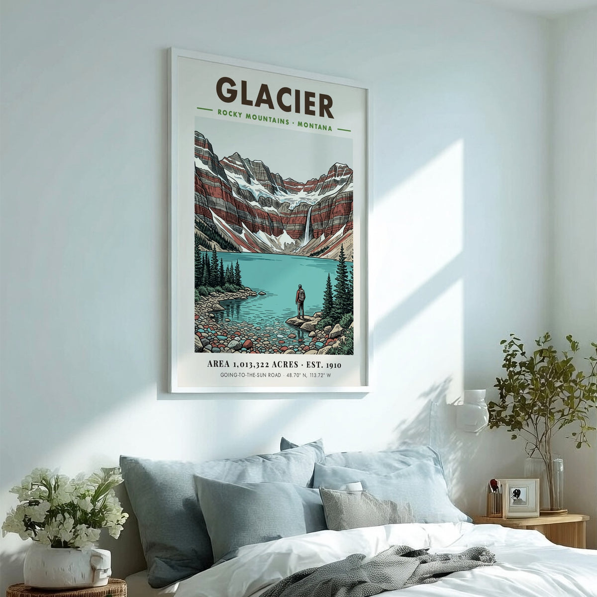Poster featuring a hiker looking at a turquoise lake and mountain range, Glacier.