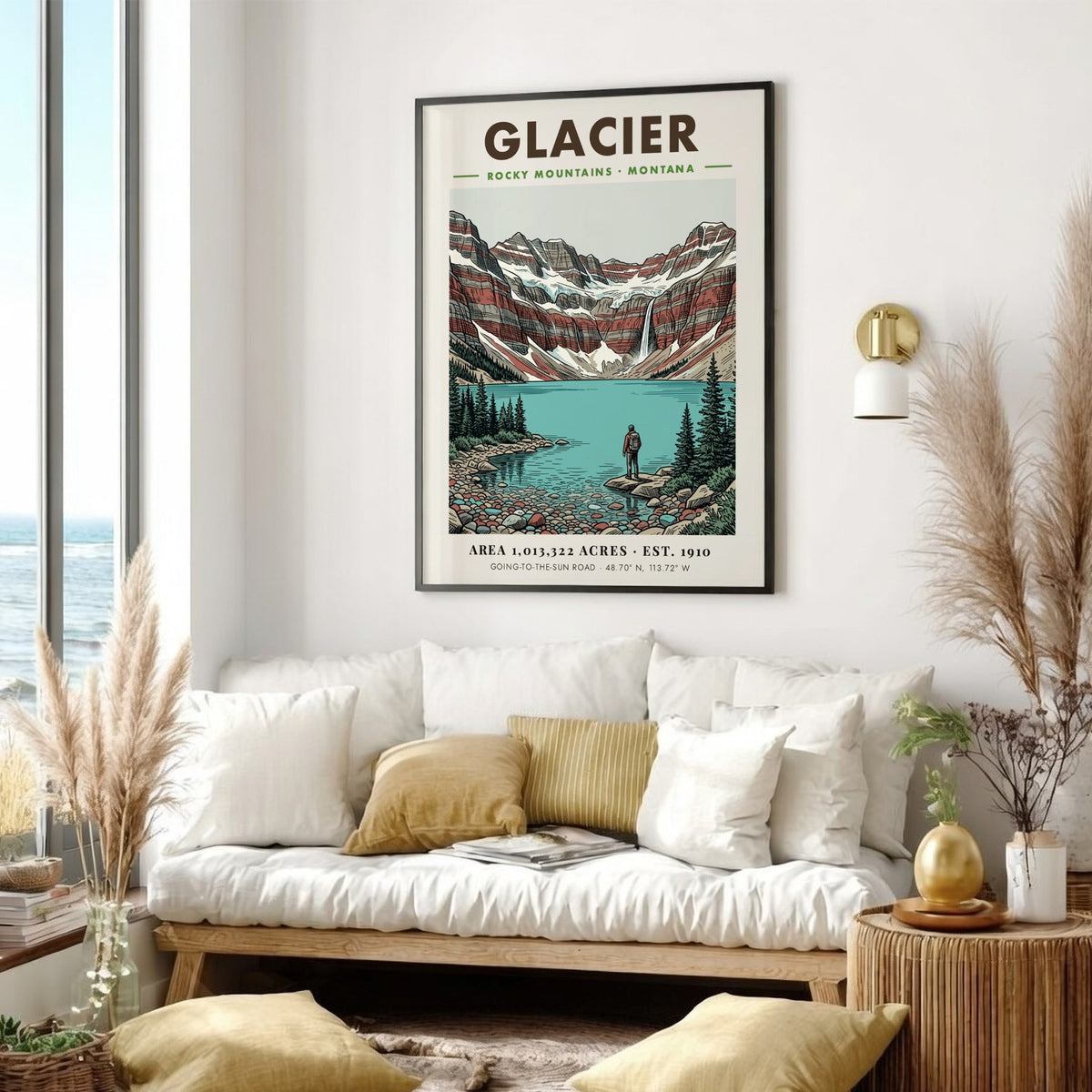 Poster featuring a hiker looking at a turquoise lake and mountain range, Glacier.