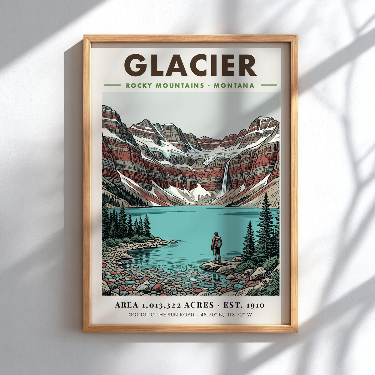 Poster featuring a hiker looking at a turquoise lake and mountain range, Glacier.