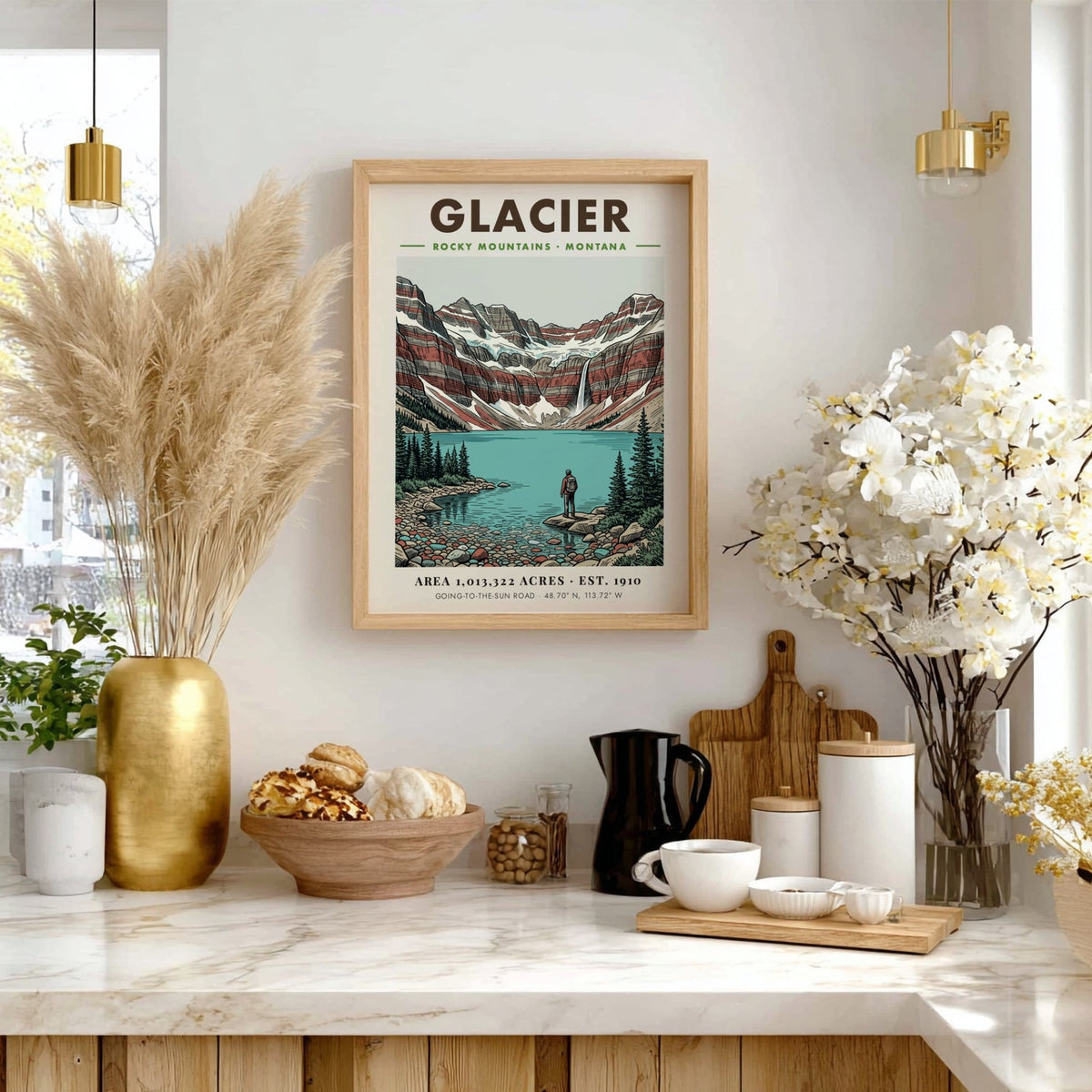 Poster featuring a hiker looking at a turquoise lake and mountain range, Glacier.