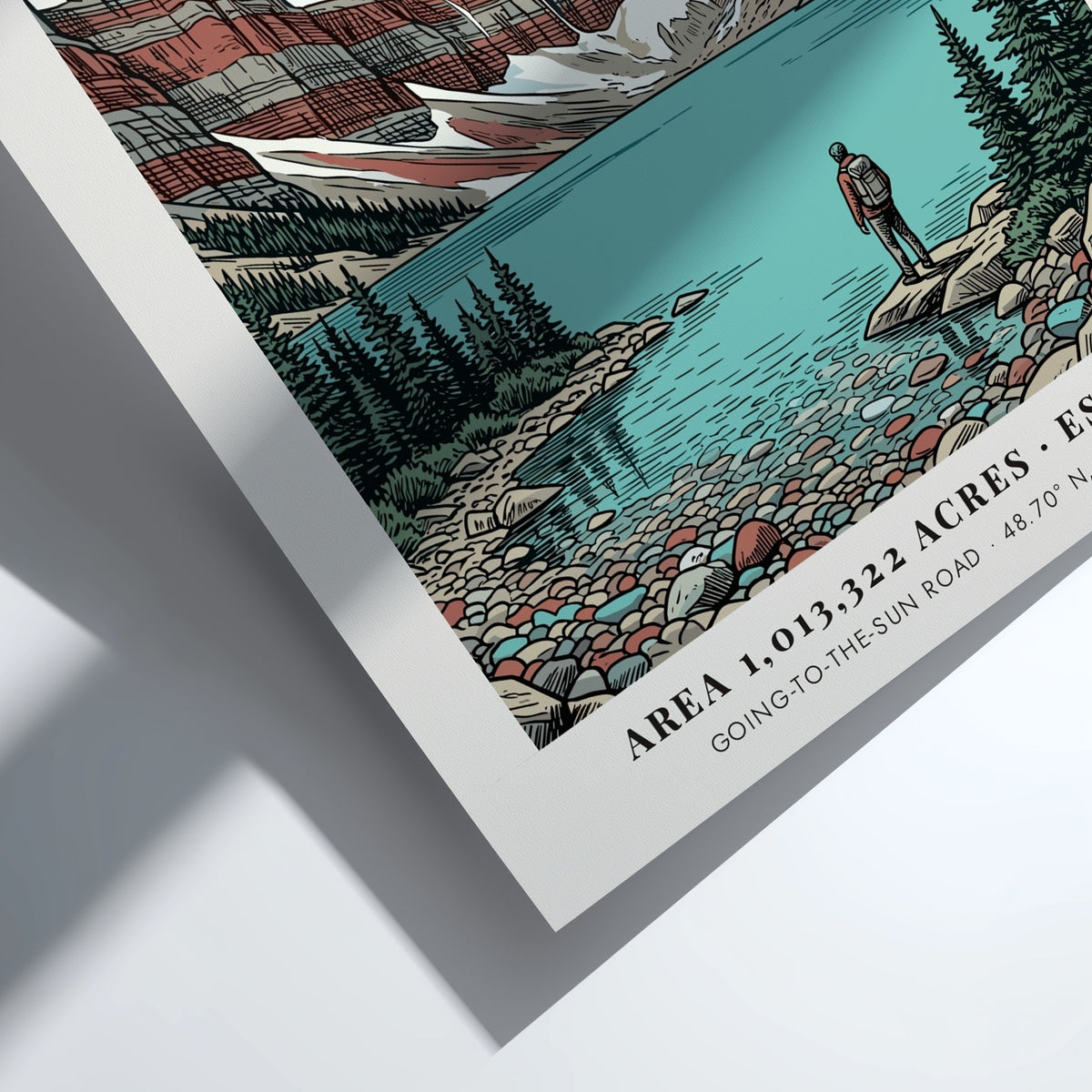 Poster featuring a hiker looking at a turquoise lake and mountain range, Glacier.
