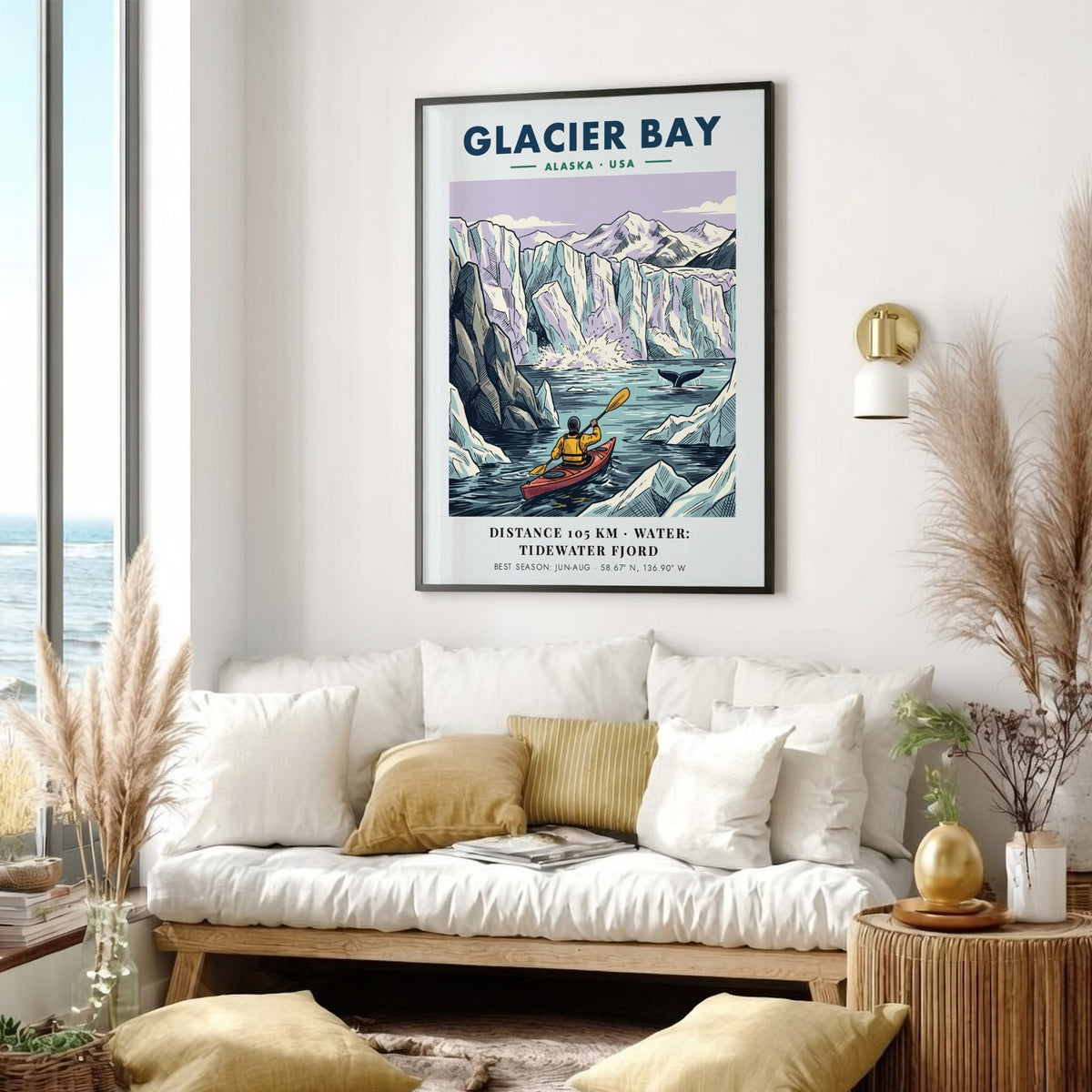 Poster of a kayaker in Glacier Bay Alaska with icy mountains and blue water.