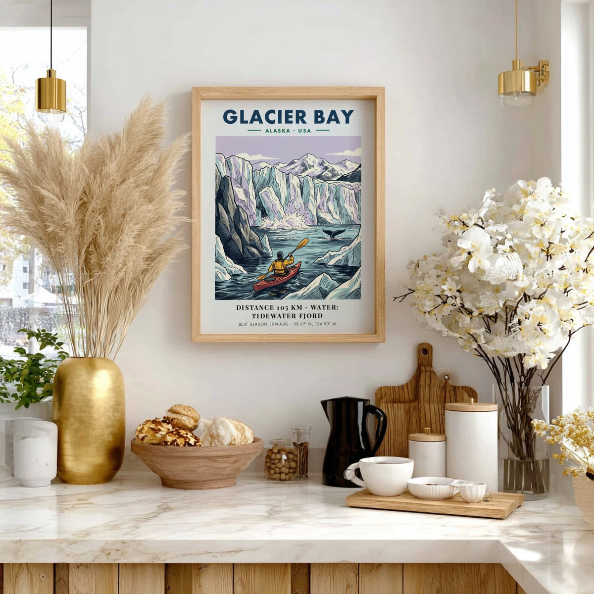 Poster of a kayaker in Glacier Bay Alaska with icy mountains and blue water.