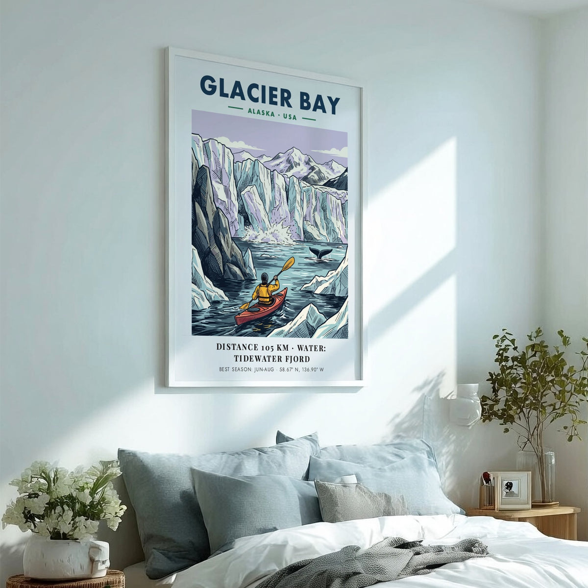 Poster of a kayaker in Glacier Bay Alaska with icy mountains and blue water.