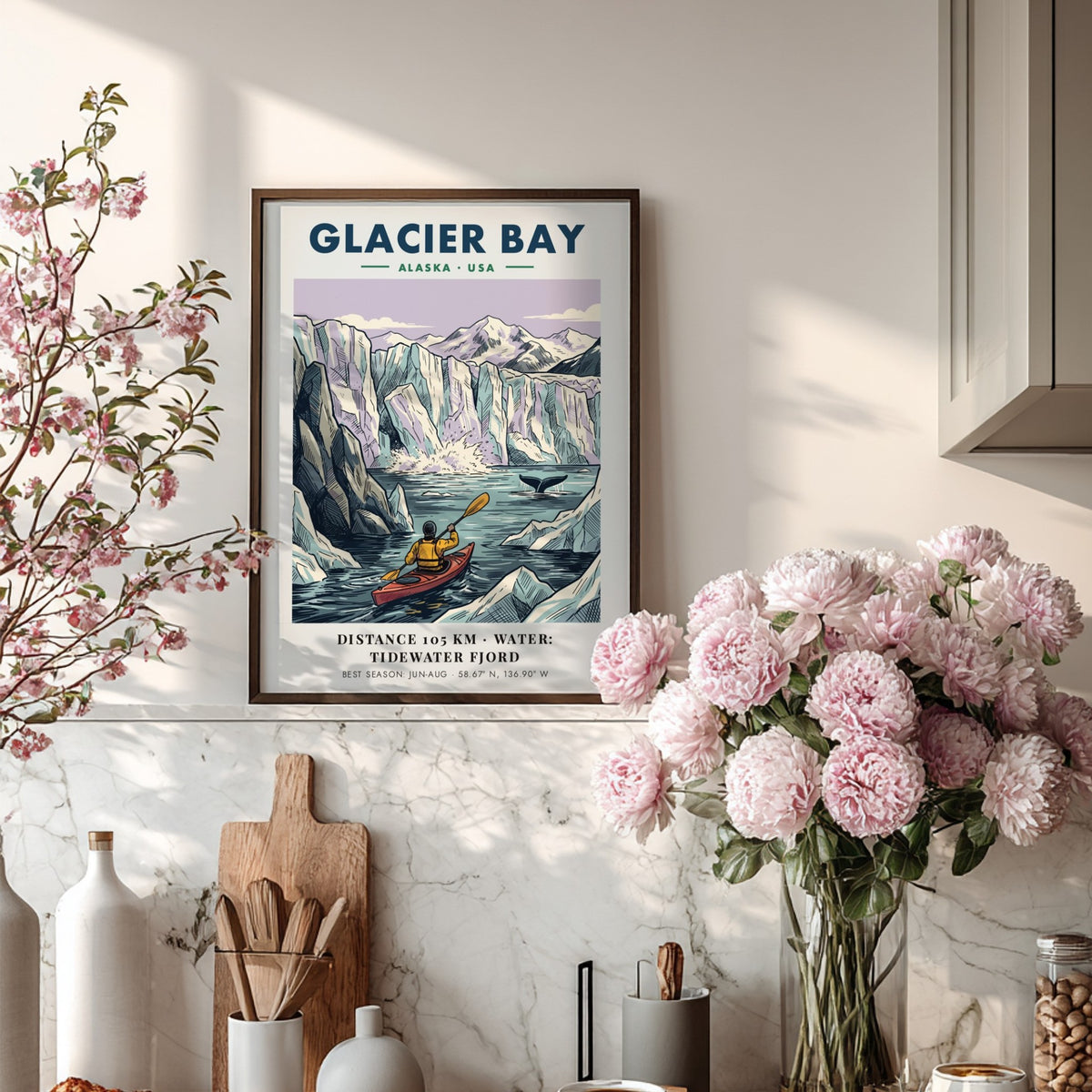 Poster of a kayaker in Glacier Bay Alaska with icy mountains and blue water.