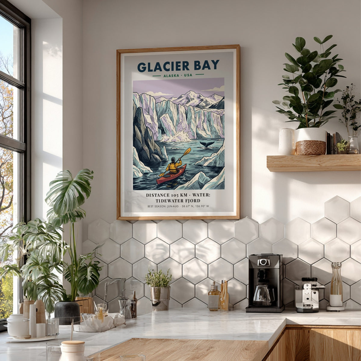 Poster of a kayaker in Glacier Bay Alaska with icy mountains and blue water.