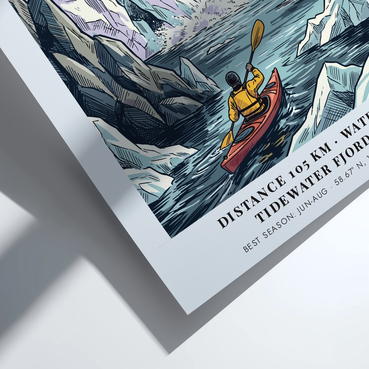 Poster of a kayaker in Glacier Bay Alaska with icy mountains and blue water.