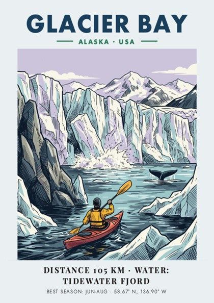 Poster of a kayaker in Glacier Bay Alaska with icy mountains and blue water.