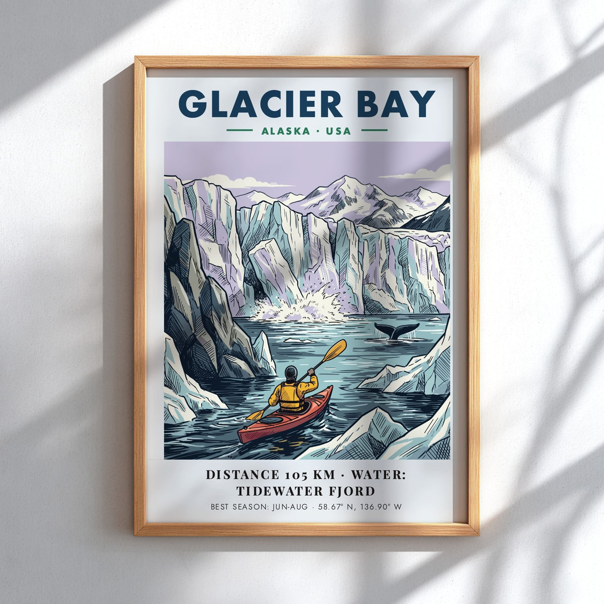 Poster of a kayaker in Glacier Bay Alaska with icy mountains and blue water.