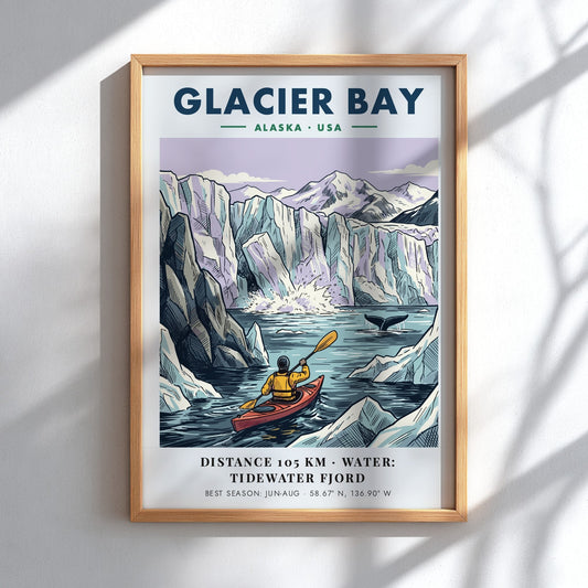 Poster of a kayaker in Glacier Bay Alaska with icy mountains and blue water.