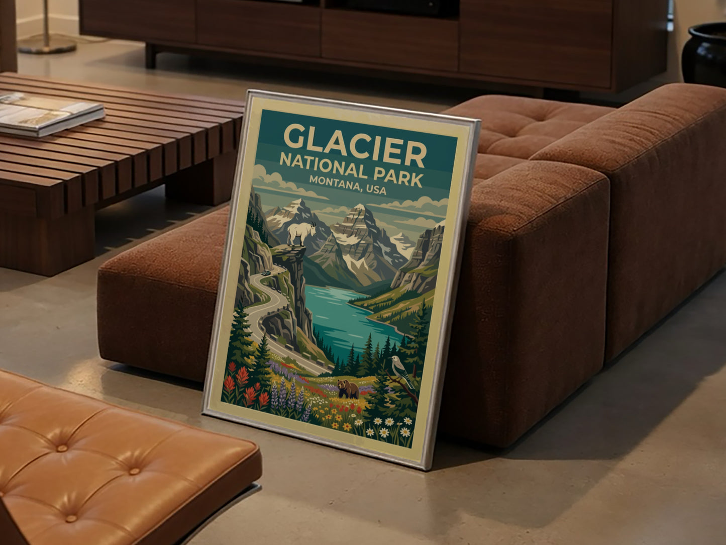 Travel poster of Glacier National Park with mountain peaks, a goat, and wildflowers.