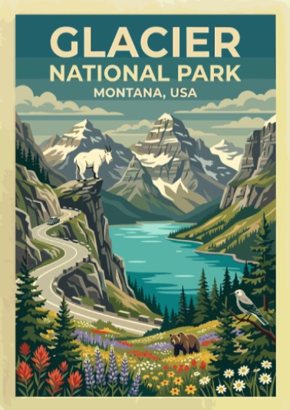Travel poster of Glacier National Park with mountain peaks, a goat, and wildflowers.