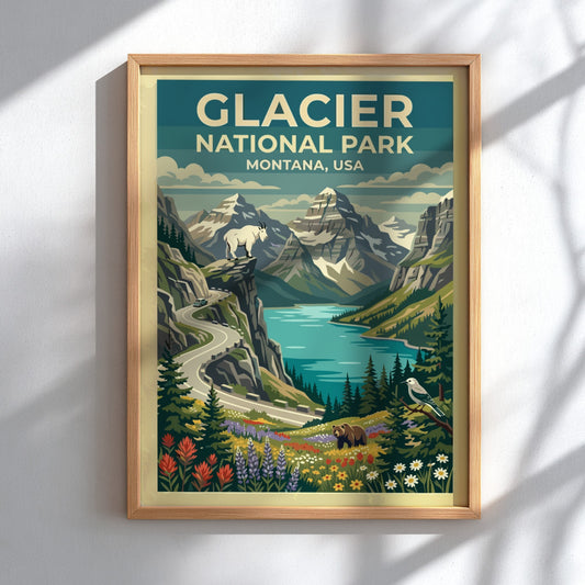 Travel poster of Glacier National Park with mountain peaks, a goat, and wildflowers.