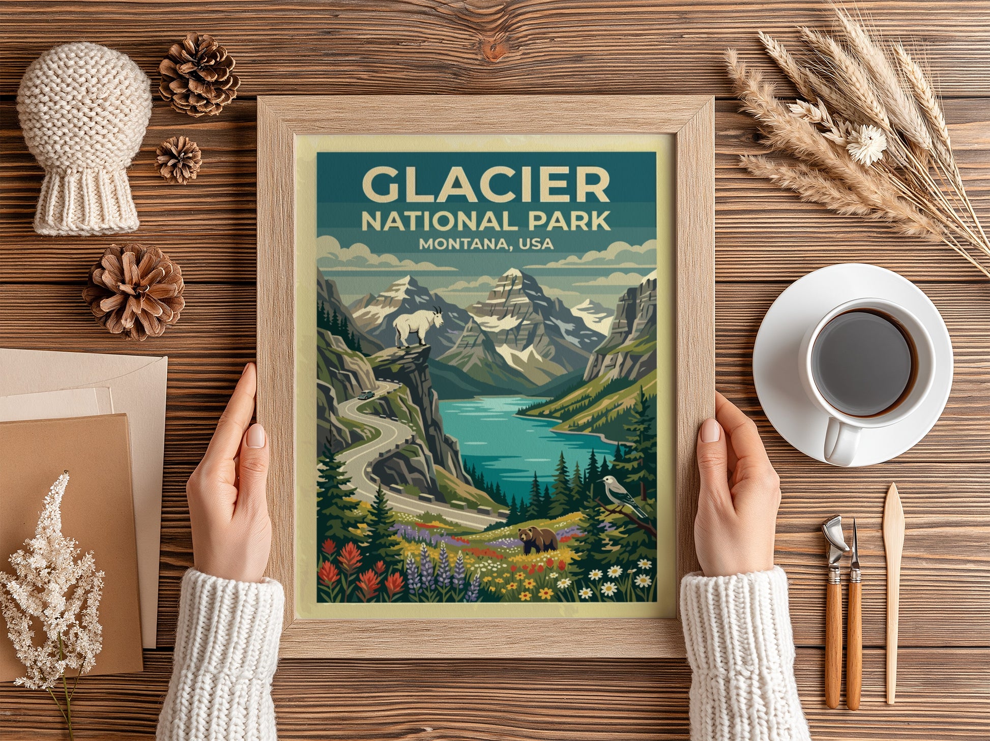 Travel poster of Glacier National Park with mountain peaks, a goat, and wildflowers.