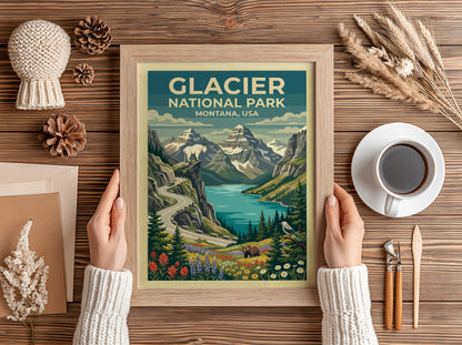 Travel poster of Glacier National Park with mountain peaks, a goat, and wildflowers.