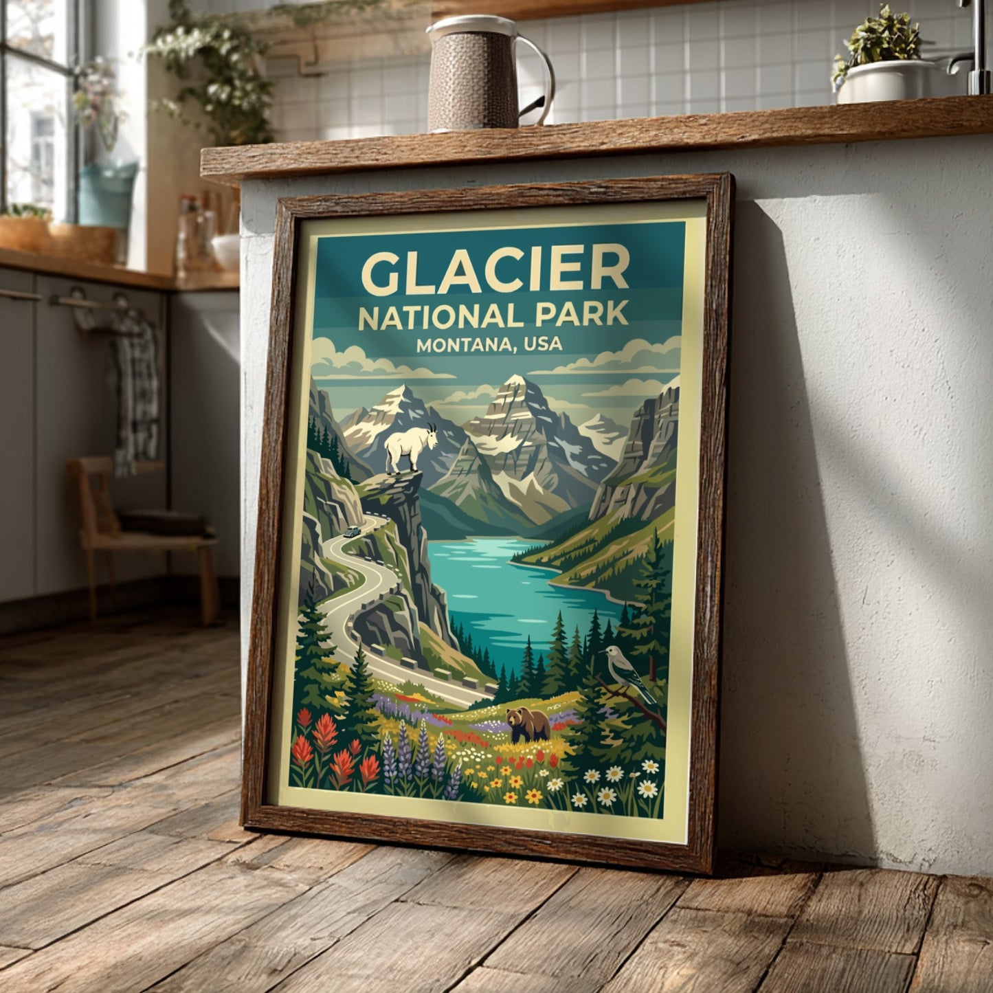 Travel poster of Glacier National Park with mountain peaks, a goat, and wildflowers.