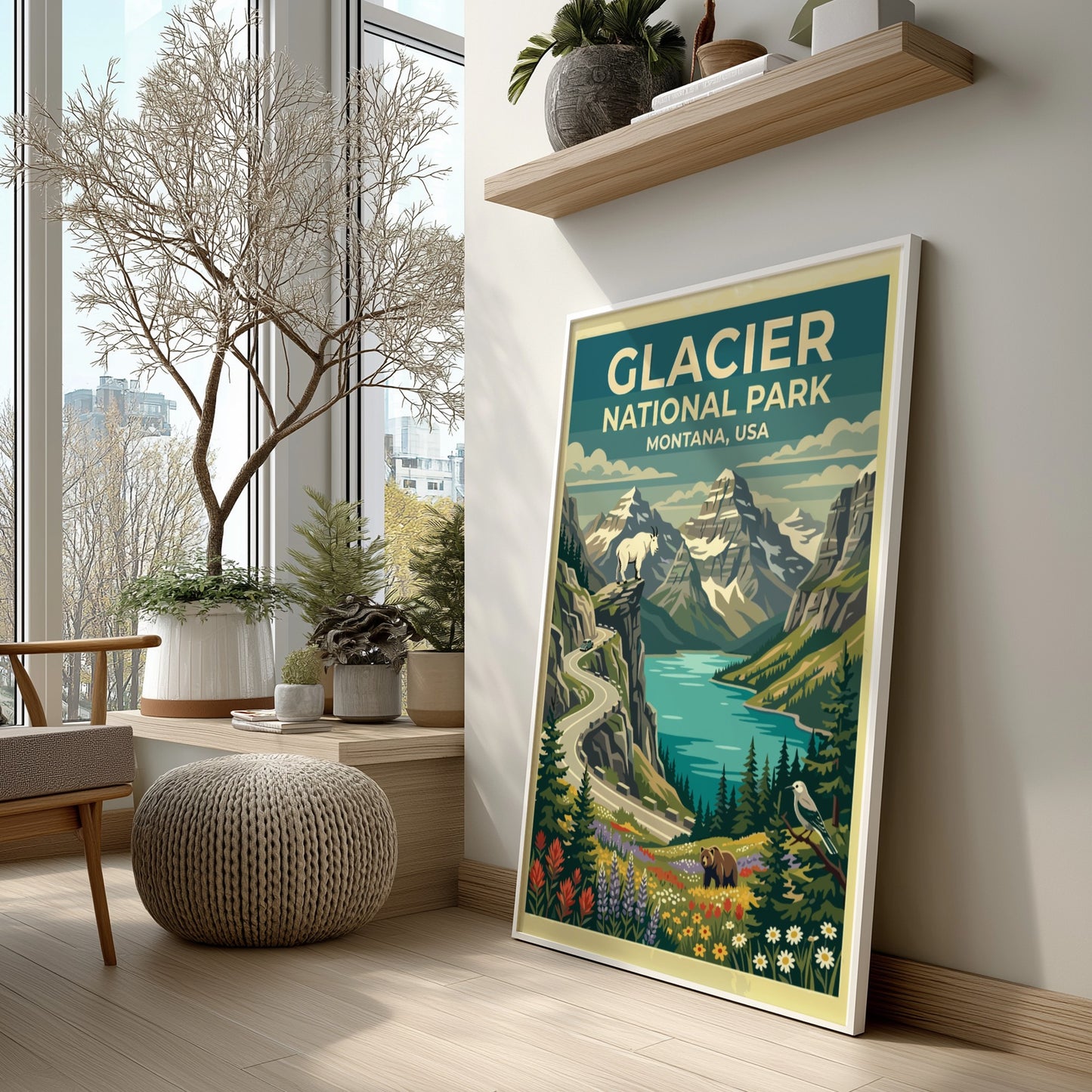 Travel poster of Glacier National Park with mountain peaks, a goat, and wildflowers.