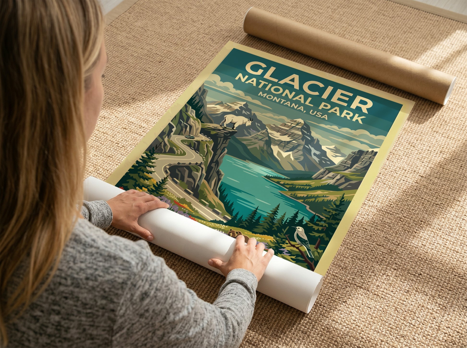 Travel poster of Glacier National Park with mountain peaks, a goat, and wildflowers.