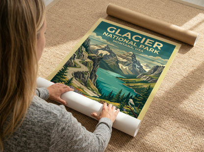 Travel poster of Glacier National Park with mountain peaks, a goat, and wildflowers.